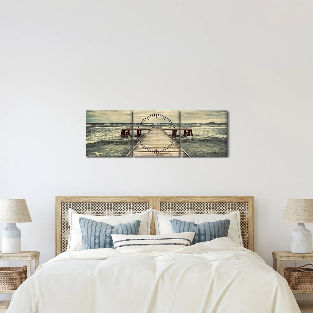 Tablou cu dig din lemn la mare (cu ceas) (90x30 cm)