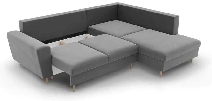 Colțar gri deschis extensibil, cu spațiu de depozitare cu tapițerie din catifea (cu colț pe partea dreaptă-în formă de ”L”) Kyoto – Cosmopolitan Design