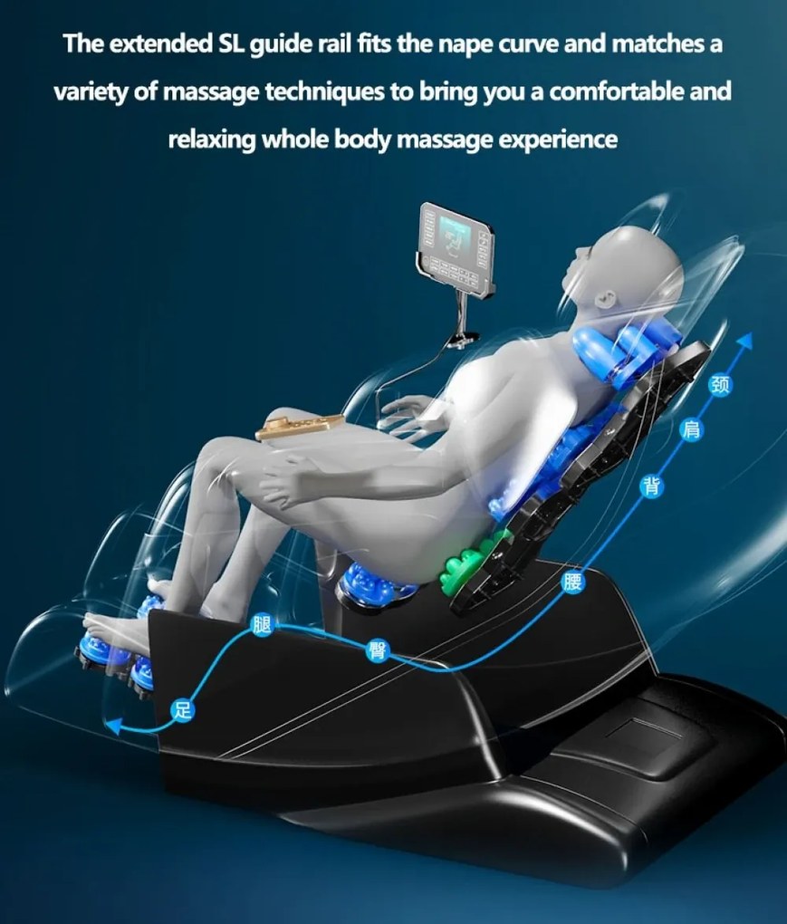 Fotoliu de masaj LUCIUS, cu Incalzire, Bluetooth, Display, Ecran tactil, Controler rapid cotiera, dispozitiv incarcare USB, Zero Gravity, 2 Boxe, Moduri Automate, Suport Picioare extensibil, Piele PU Premium, Alb