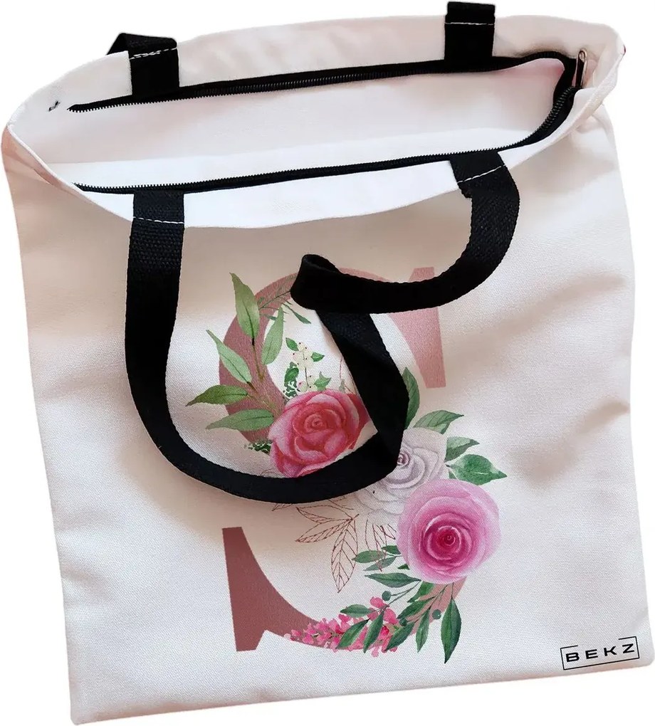 Sacosa de Panza pentru Cumparaturi, Geanta Tote, Cu litera S Rose Gold si Trandafiri, Cu fermoar, 38x34.5 cm, Alba, BEKZ®