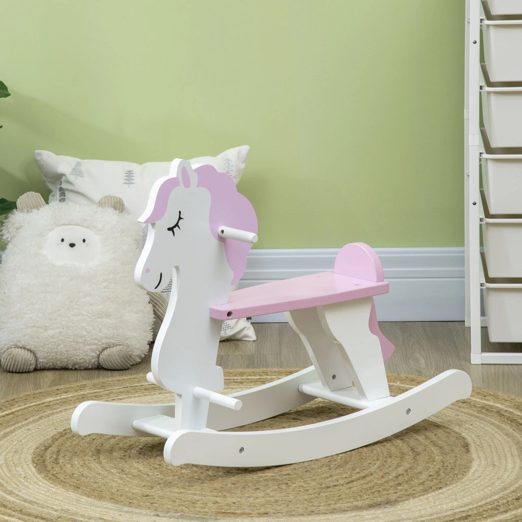 HOMCOM Cal Balansoar pentru Copii 1-3 Ani, din Lemn, 68 x 27 x 51,5 cm, Roz/alb | Aosom Romania
