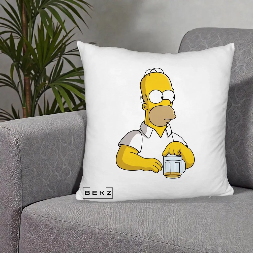 Perna Personalizata Homer Simpson cu Bere, 40x40 cm, Alb Pufos, Husa Detasabila, Perna Inclusa, BEKZ®