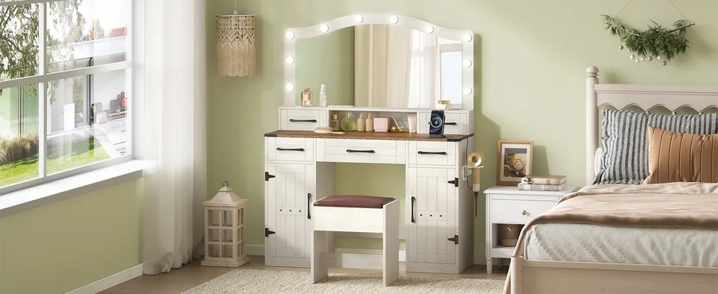SEA818 - Set Masa toaleta 108 cm, cosmetica machiaj, oglinda cu LED, masuta vanity cu Priza, USB si Suport Uscator par, scaunel tapitat - Alb