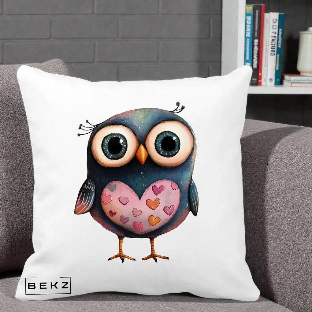 Perna Decorativa Bufnita cu Inimioare Roz, 40x40 cm, Alba Mata, Husa Detasabila, Perna Inclusa, BEKZ®