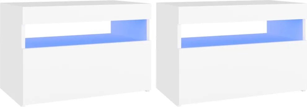 3082775 vidaXL Noptiere cu lumini LED, 2 buc., alb, 60x35x40cm, lemn prelucrat