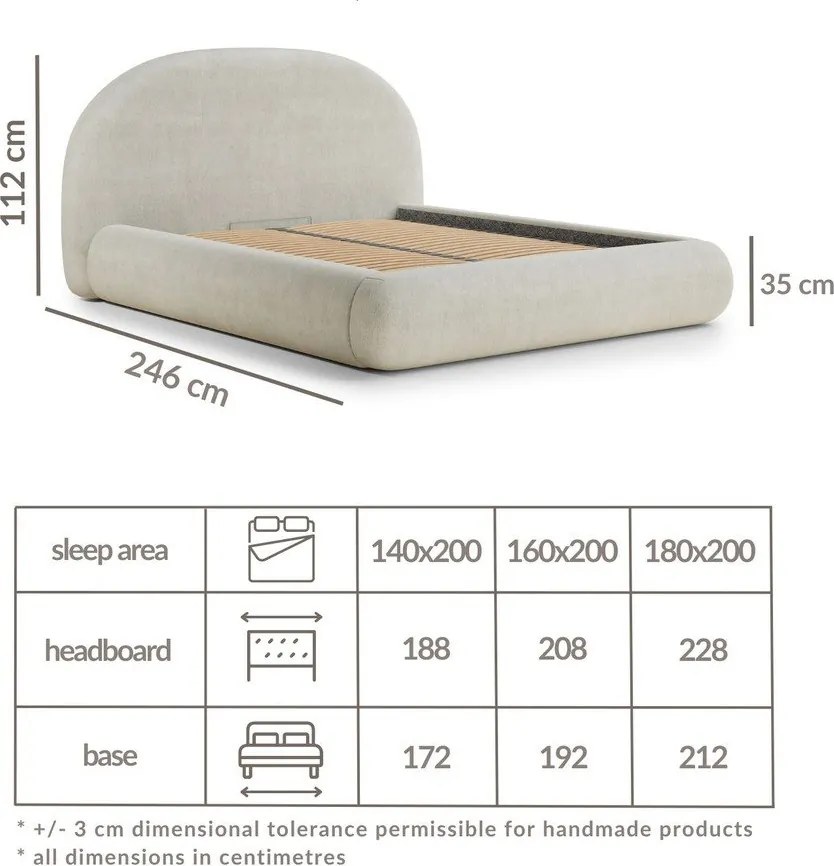 Pat matrimonial bej tapițat cu spațiu de depozitare cu somieră 180x200 cm Maumere – Maison de Rêve