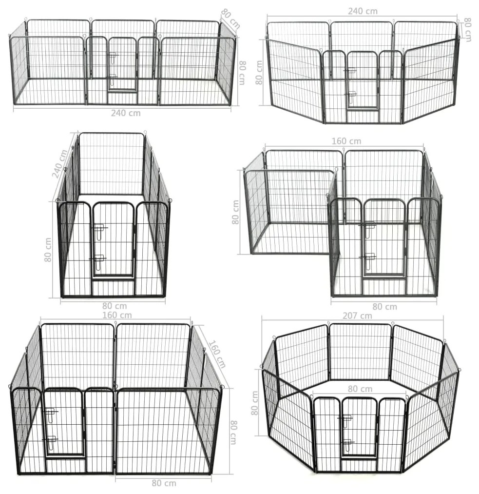 Tarc pentru caini, 8 panouri, otel, 80x80 cm, negru 80 x 80 cm, 8 panouri.