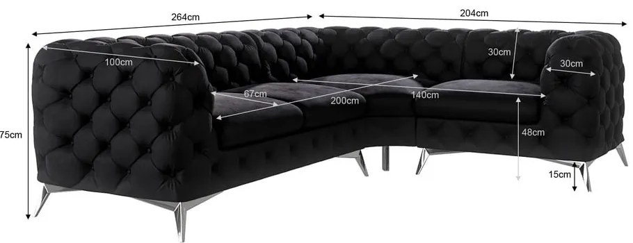 Colțar negru cu tapițerie din catifea (cu colț pe partea dreaptă/în formă de ”L”) Chelsea – Ropez