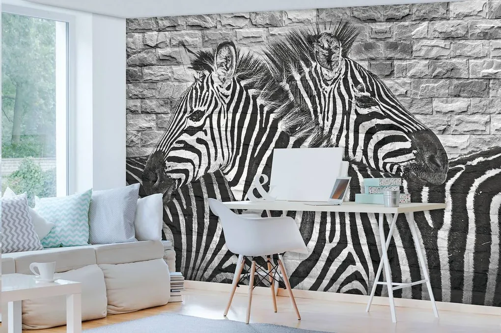 Fototapet - Zebre pe peretele din cărămizi (254x184 cm), în 8 de alte dimensiuni noi