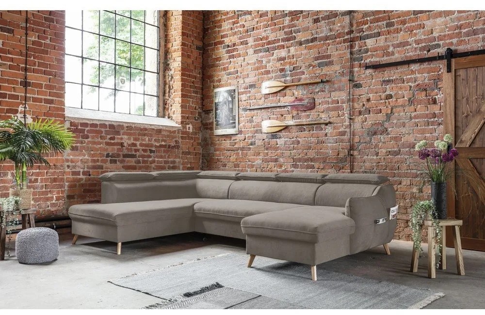 Colțar maro deschis extensibil cu tapițerie din catifea (cu colț pe partea stângă /în formă de "U") Sweet Harmony – Miuform