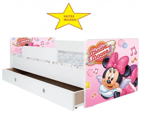 Pat Kiddy, imprimat Minnie Mouse, pentru 2-12 ani, cu protectie si saltea, 160x80 cm