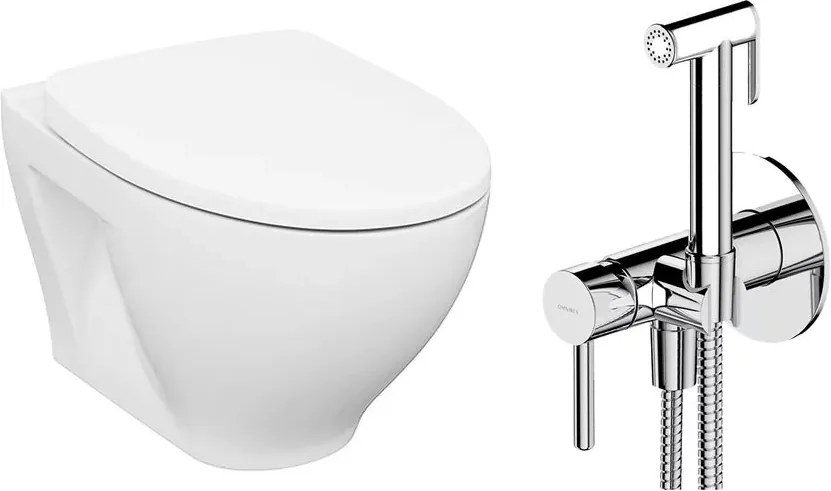 Pachet vas wc suspendat Cersanit Moduo, capac softclose si set dus igiena intima crom cu baterie incastrata Omnires Y