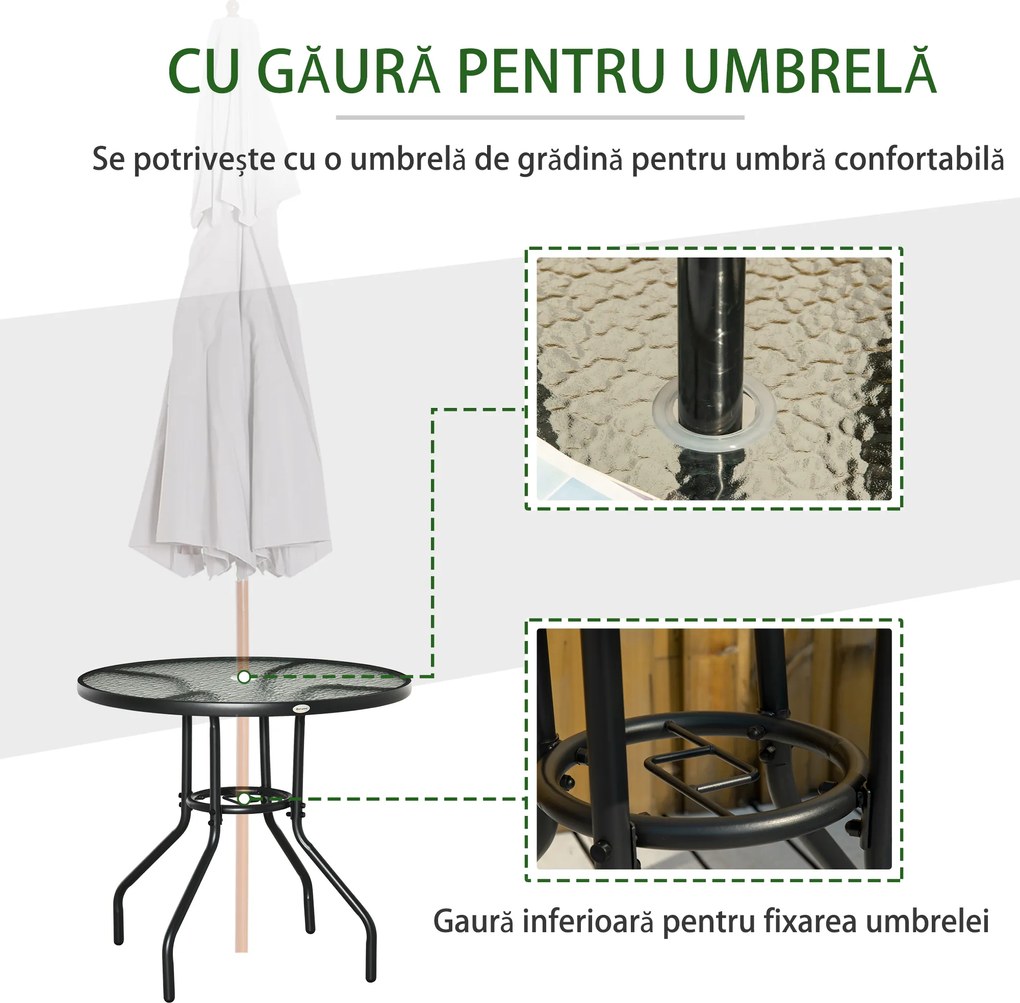 Outsunny Masă de Grădină Rotundă 80 cm cu Orificiu pentru Umbrelă, Masă de Cafea pentru Exterior cu Blat din Sticlă Temperată, Cadru Metalic, pentru Terasă, Balcon, Negru | Aosom Romania