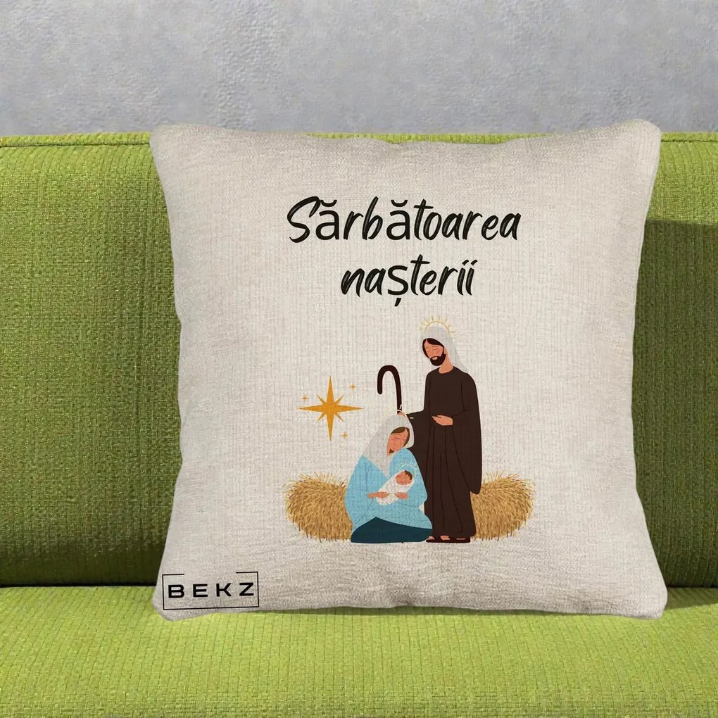 Perna Decorativa Nasterea Domnului Sfanta Familie Sarbatoarea Nasterii, 40x40 cm, Bej Canapea, Husa Detasabila, Perna Inclusa, BEKZ®
