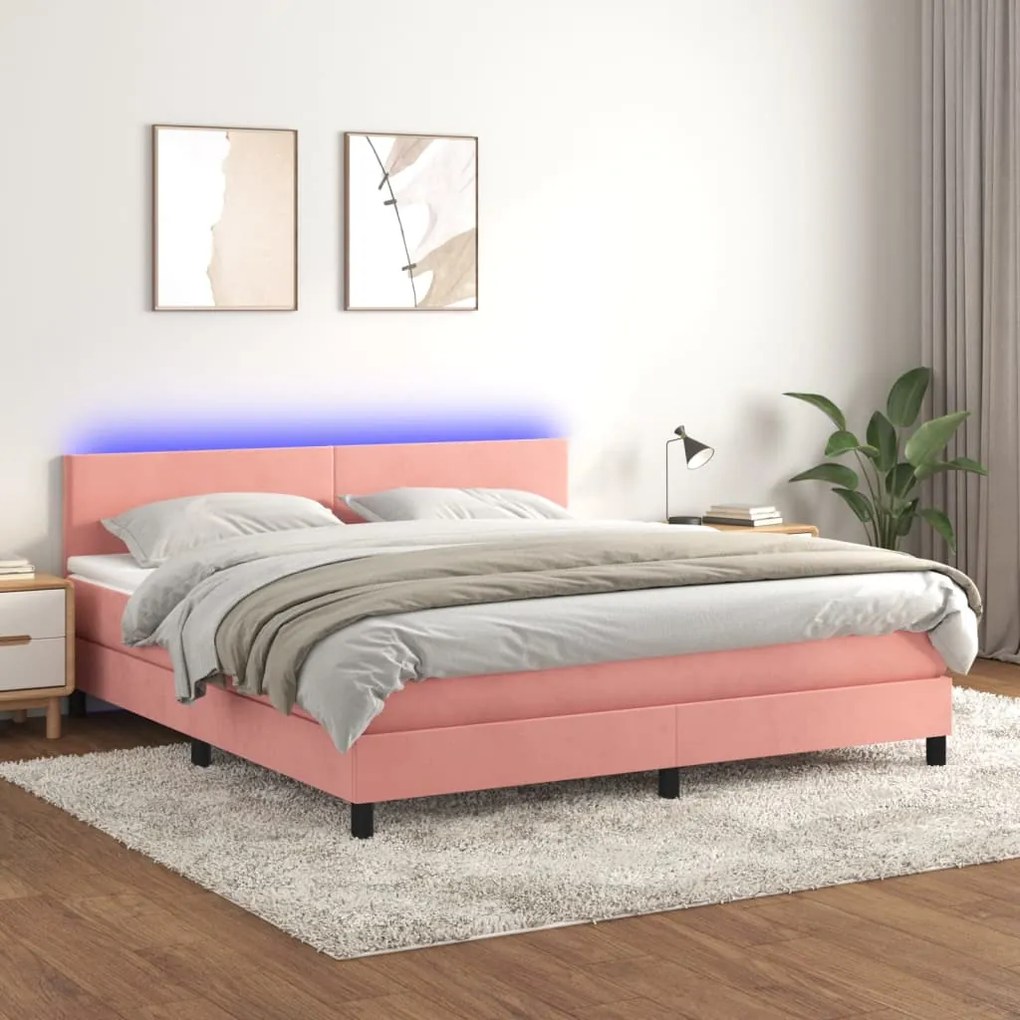 vidaXL Pat cu arcuri, saltea &amp; LED, roz, 180x200 cm, catifea