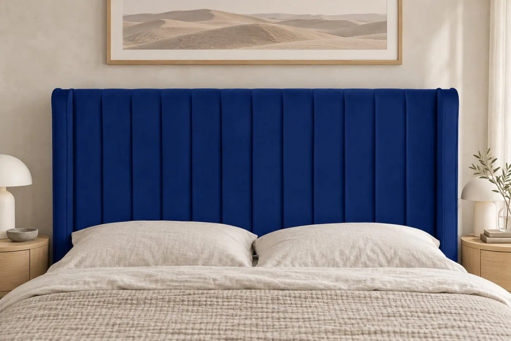 Pat tapițat din catifea Aurelia Simple 120×200 cm, bleumarin, cu ladă de depozitare
