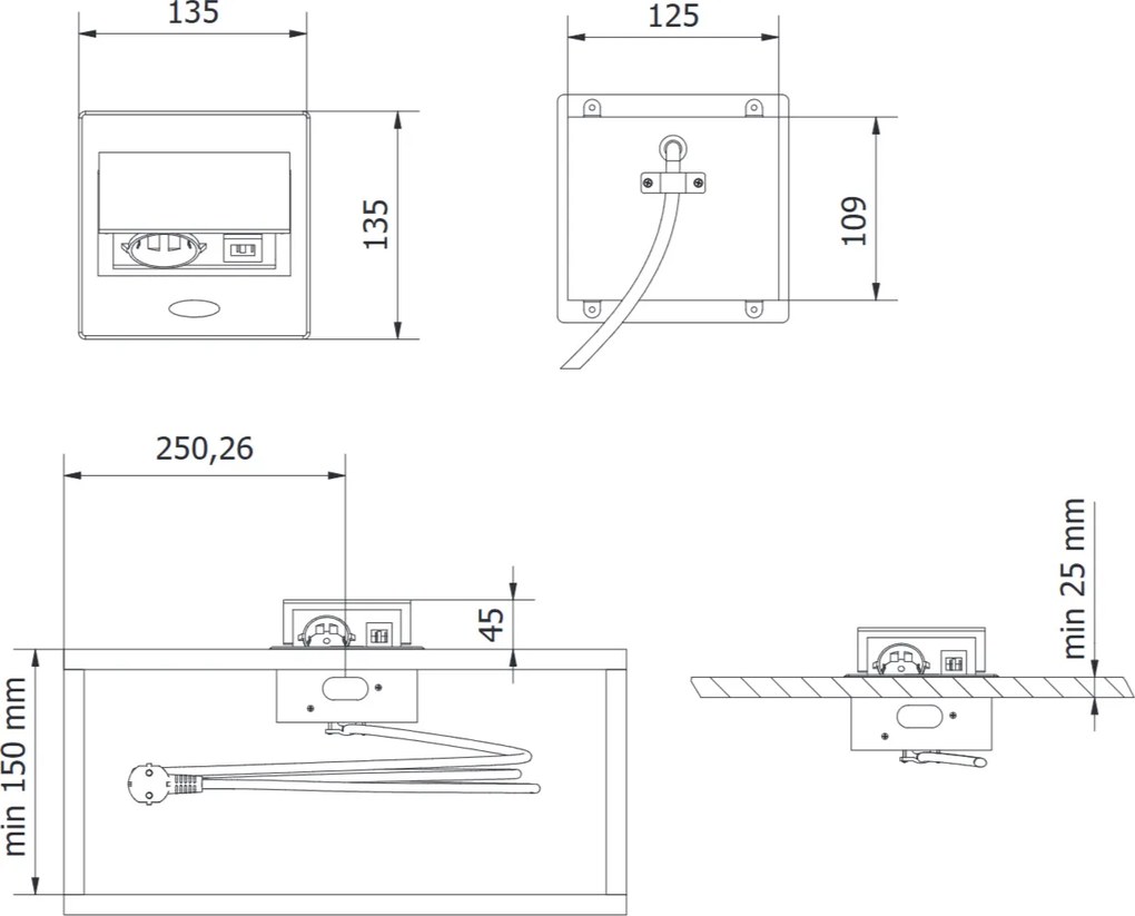 Priză încorporabilă în blat Avaro GTV, 1 priză Schuko, USB A + C, alb Aluminiu/ plastic, Alb, L:135 mm; l:135 mm