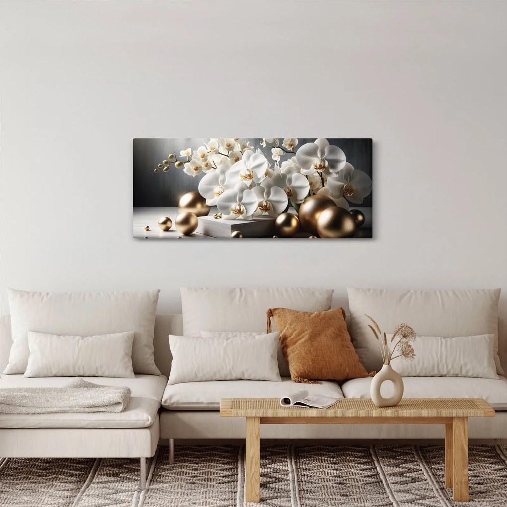 Tablou - Orhidee și bile aurii (120x50 cm)