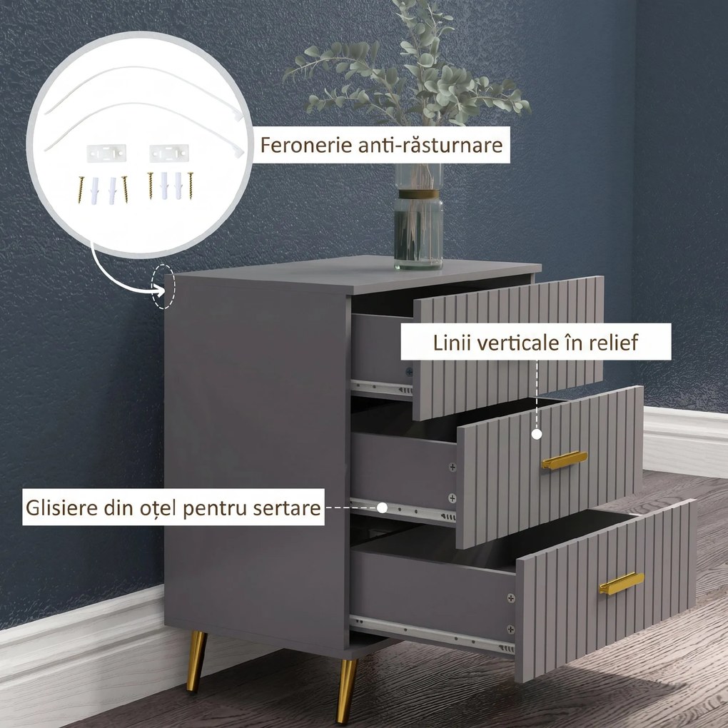 HOMCOM Comodă pentru Dormitor, Dulap Modern cu 3 Sertare,  Sertar de Depozitare cu Picioare din Aluminiu, 60x40x71.5 cm, Gri Închis
