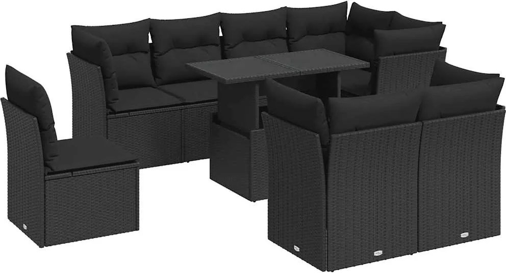 vidaXL Set mobilier de grădină cu perne, 9 piese, negru, poliratan
