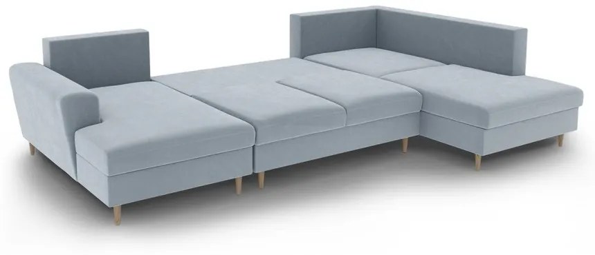 Colțar albastru deschis extensibil, cu spațiu de depozitare cu tapițerie din catifea (cu colț pe partea dreaptă-în formă de "U") Kyoto – Cosmopolitan Design