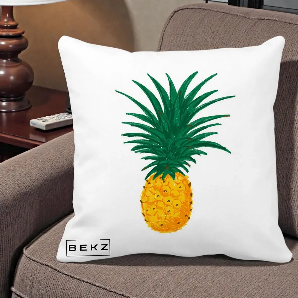 Perna Decorativa Ananas Tropical, 40x40 cm, Alba Mata, Husa Detasabila, Perna Inclusa, BEKZ®