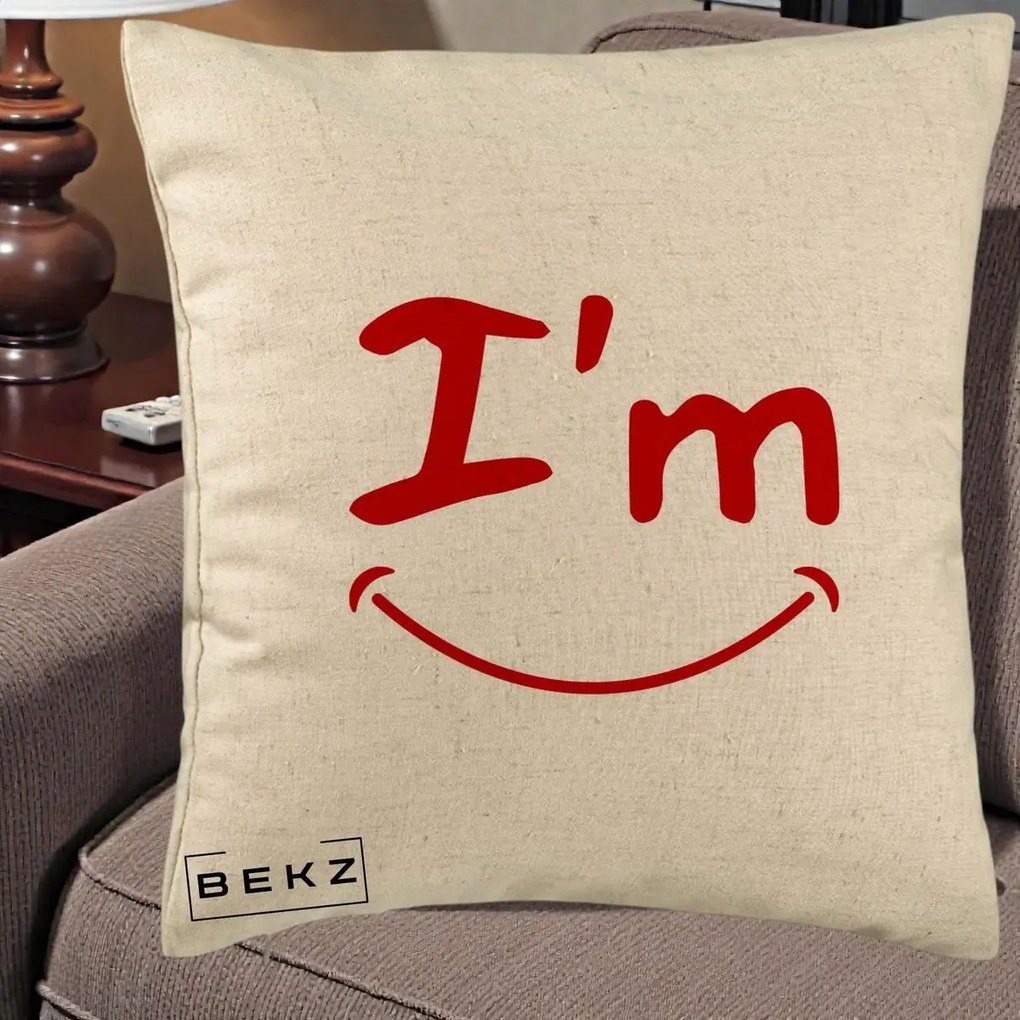 Perna Decorativa I'm Happy Smile, 40x40 cm, Bej, Husa Detasabila, Perna Inclusa, BEKZ®