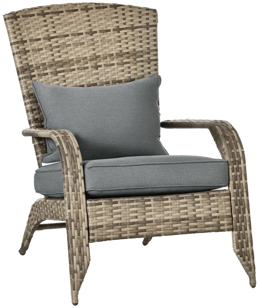 Outsunny Scaun de Grădină din Ratan, Scaun de Exterior cu Cotiere, Perne și Spătar Înalt Curbat, 64x80x90 cm, Gri | Aosom Romania