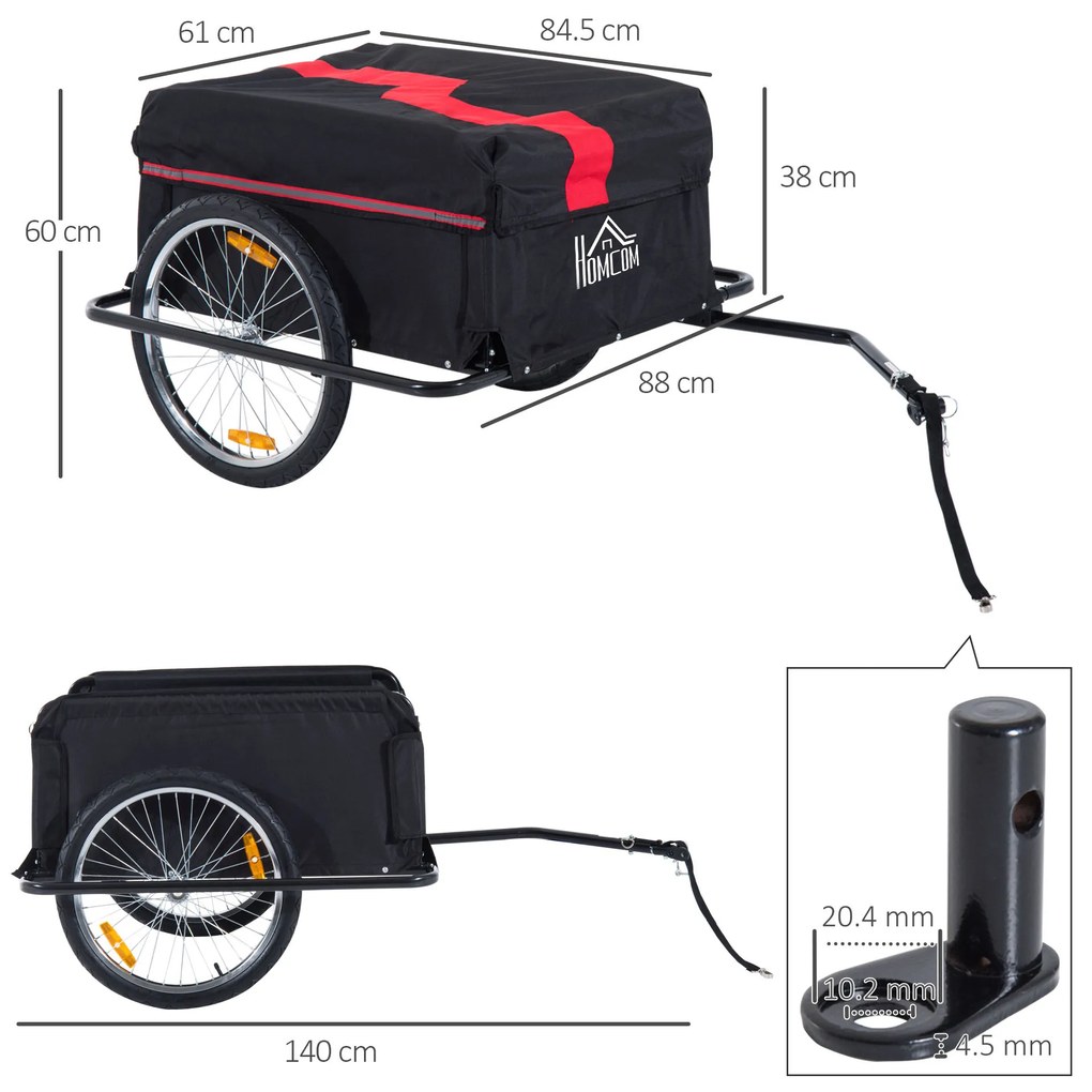 Outsunny Remorcă pentru Biciclete cu Capacitate de 40kg, Reflectoare și Copertină din Țesătură Oxford, 140x88x60 cm, Roșu și Negru | Aosom Romania
