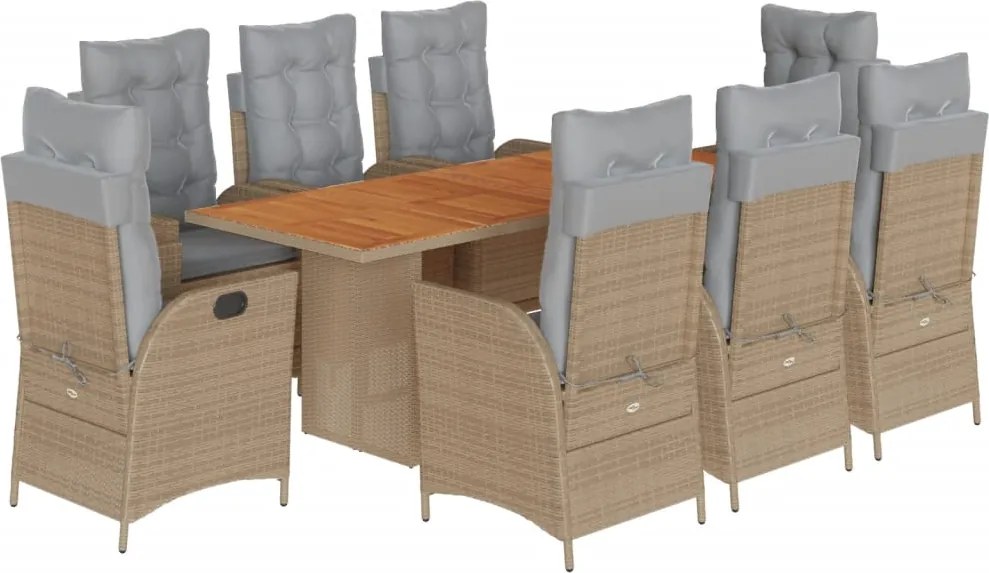 vidaXL Set de masă pentru grădină, 9 piese, cu perne, bej, poliratan
