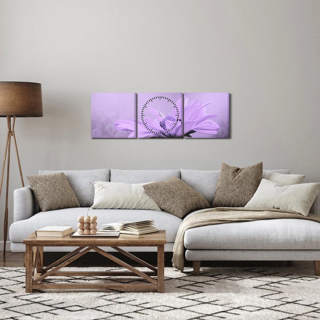 Tablou - Flori mov (cu ceas) (90x30 cm)