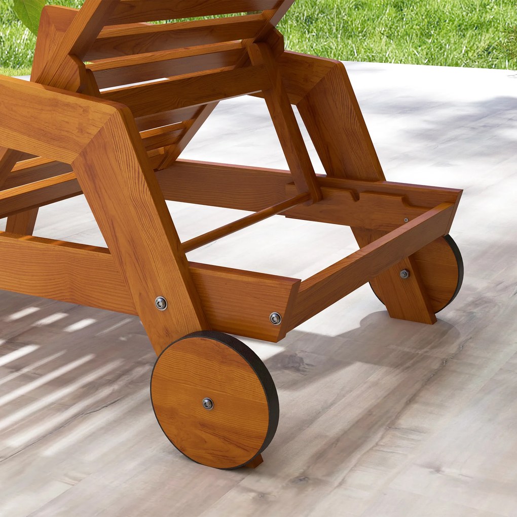 Outsunny Șezlong din lemn cu lamele cu spătar reglabil în 3 poziții cotiere 2 roți 66 x 190 x 73,5 cm | Aosom Romania