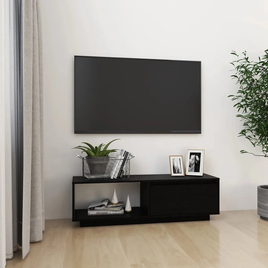 809892 vidaXL Comodă TV, negru, 110x30x33,5 cm, lemn masiv de pin