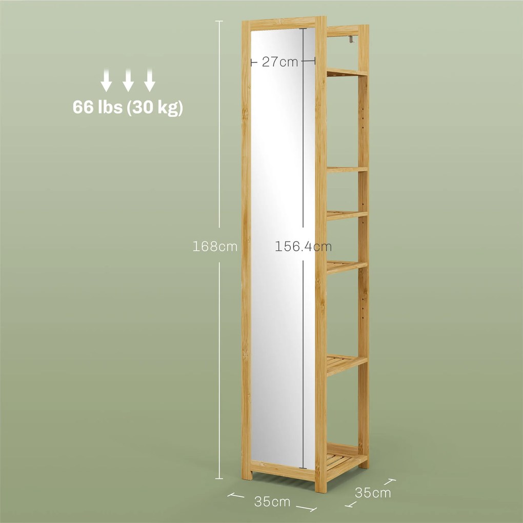 HOMCOM  Poliță Baie pe 6 Niveluri cu Oglindă, Suport de Depozitare Multifuncțional, 35x35x168 cm, Lemn Natural | Aosom Romania