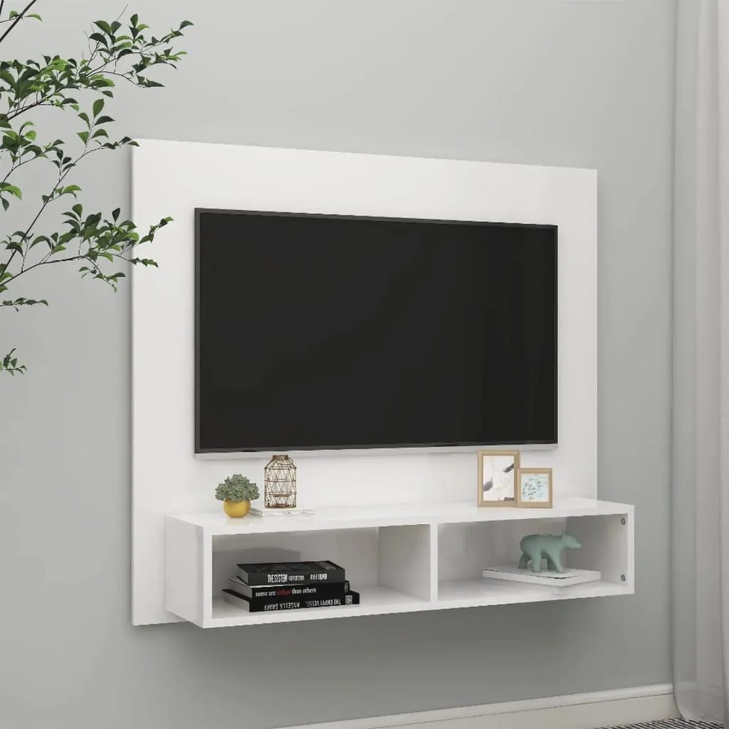 808266 vidaXL Dulap TV montat pe perete alb extralucios 102x23,5x90 cm PAL