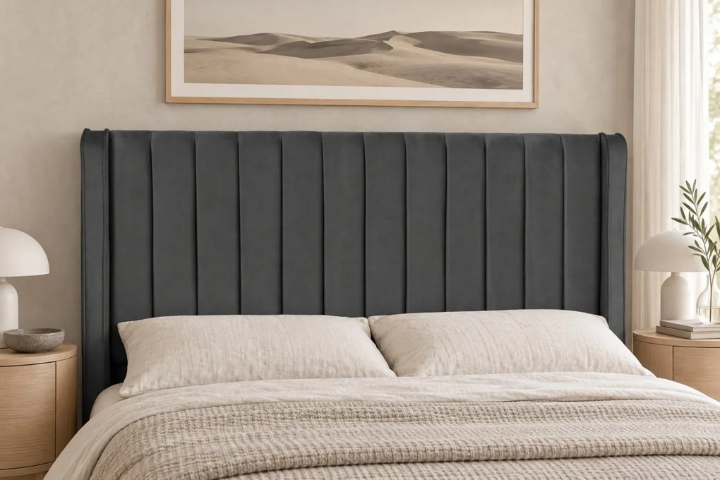 Pat tapițat din catifea Aurelia Simple 200×200 cm, gri închis, cu ladă de depozitare