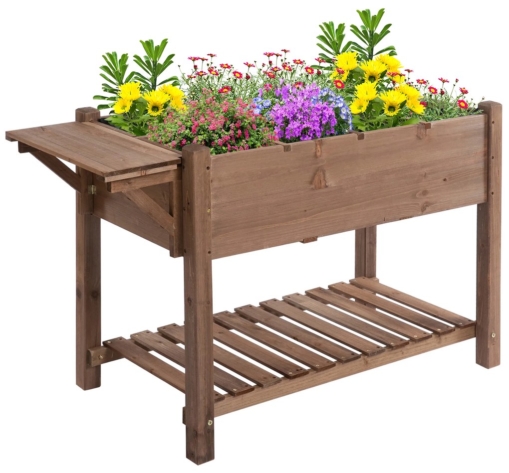 Outsunny Jardinieră Supraînălțată din Lemn | Grădinărit cu Raft Pliabil și Spațiu de Depozitare | 123x54x74 cm Maro | Aosom Romania