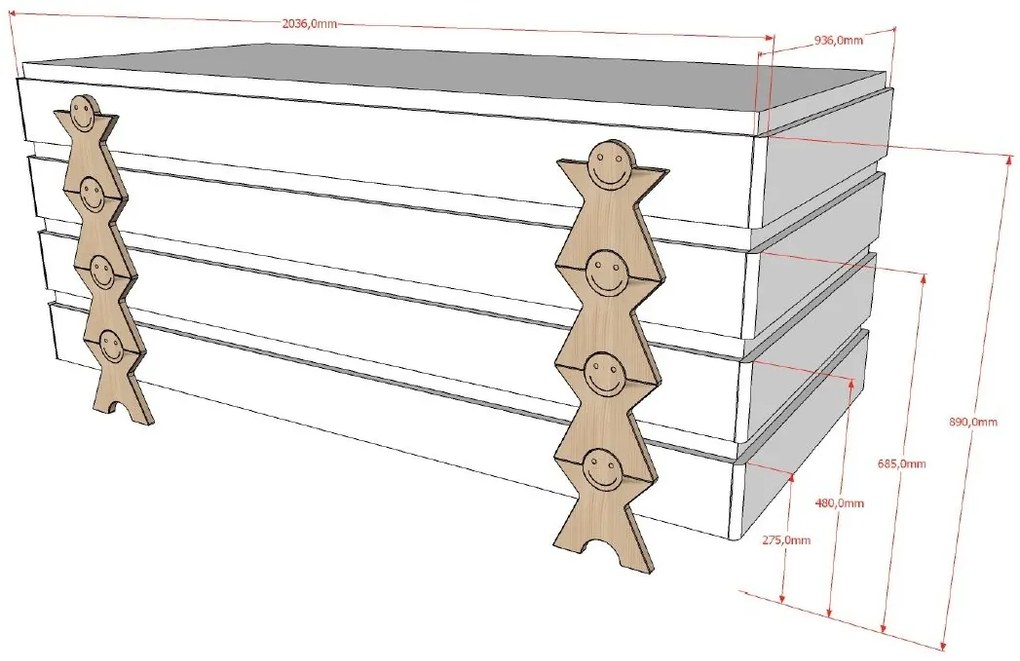Set MODULO format din 2 Pat copii MODULO (90 x 200 cm) cu picioare Pat copii în formă de zâmbet.