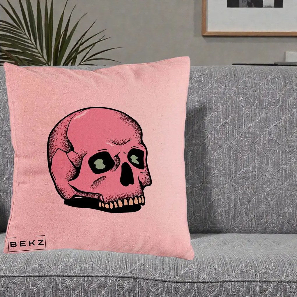 Perna Decorativa Craniu Roz Tatoo Art Halloween, 40x40 cm, Roz, Husa Detasabila, Perna Inclusa, BEKZ®