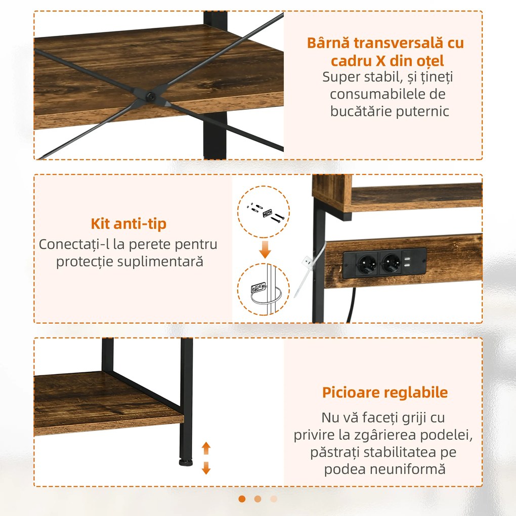 HOMCOM Raft de Bucatarie cu Prize Mutiple, Dulap pentru Microunde cu Rafturi și Mânere din Sârmă Stil Industrial, 90x42x130 cm, Maro | Aosom Romania