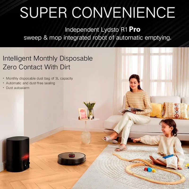 Aspirator robot Xiaomi LYDSTO R1 Pro, 50W, Li-ion 5200 mAh, 3000 Pa, Wi-Fi, Umed / uscat, Autogolire, Autonomie pana la 200 min, Negru