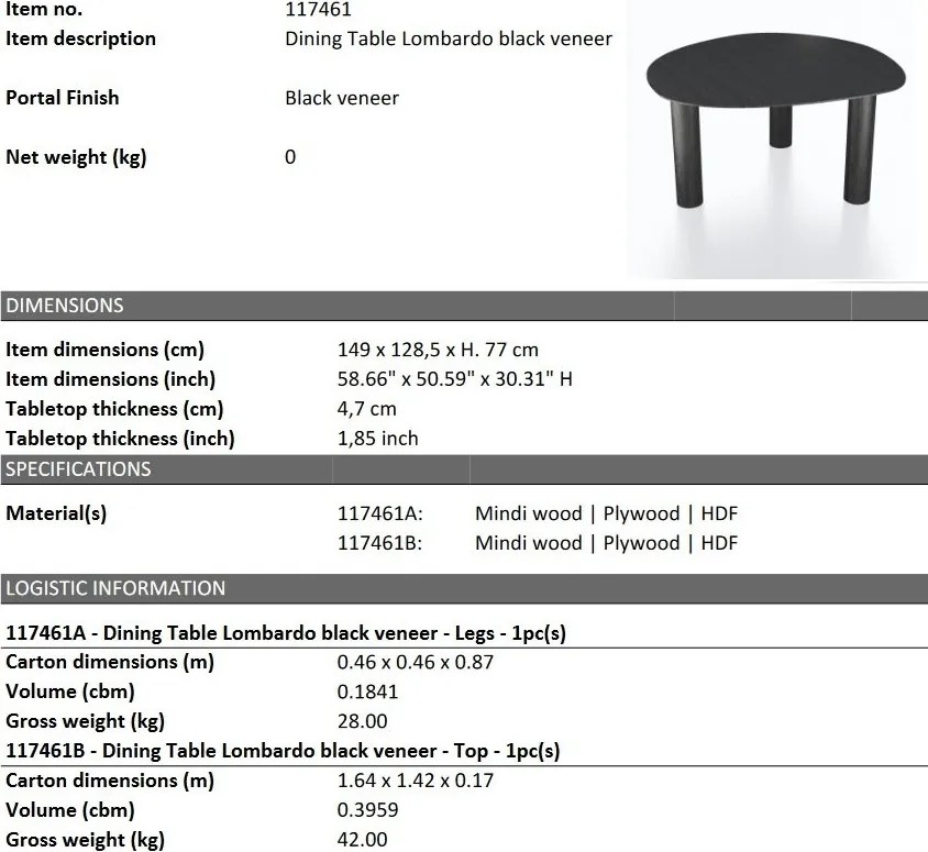 Masa dining moderna design LUX Lombardo negru 149x128cm