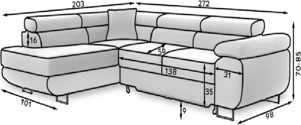 Coltar extensibil dreapta 4 locuri, ELTAP, Anton, 272x203x85 cm, lemn/poliester, negru/alb