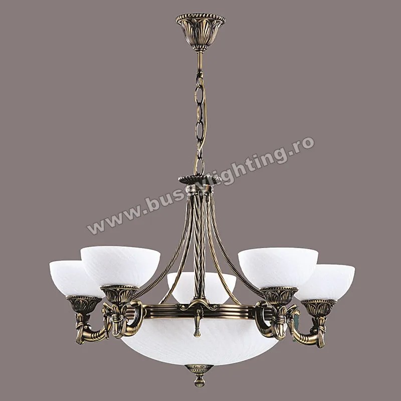 Lustra Omega cu 5 Brate, Desing Clasic, Finisaj Bronz Antic, Abajur Alb - Bussy Lighting 3035-52-05B