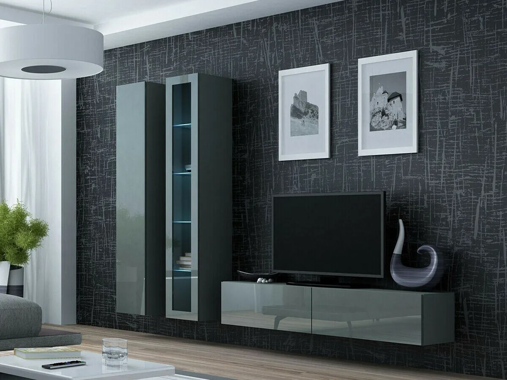 Camera de zi Charlotte A105Gri, Gri lucios, Cu comodă tv, Cu componente suplimentare, Părți separate, PAL laminat, Sticlă călită, MDF, 180x40cm, 84 kg