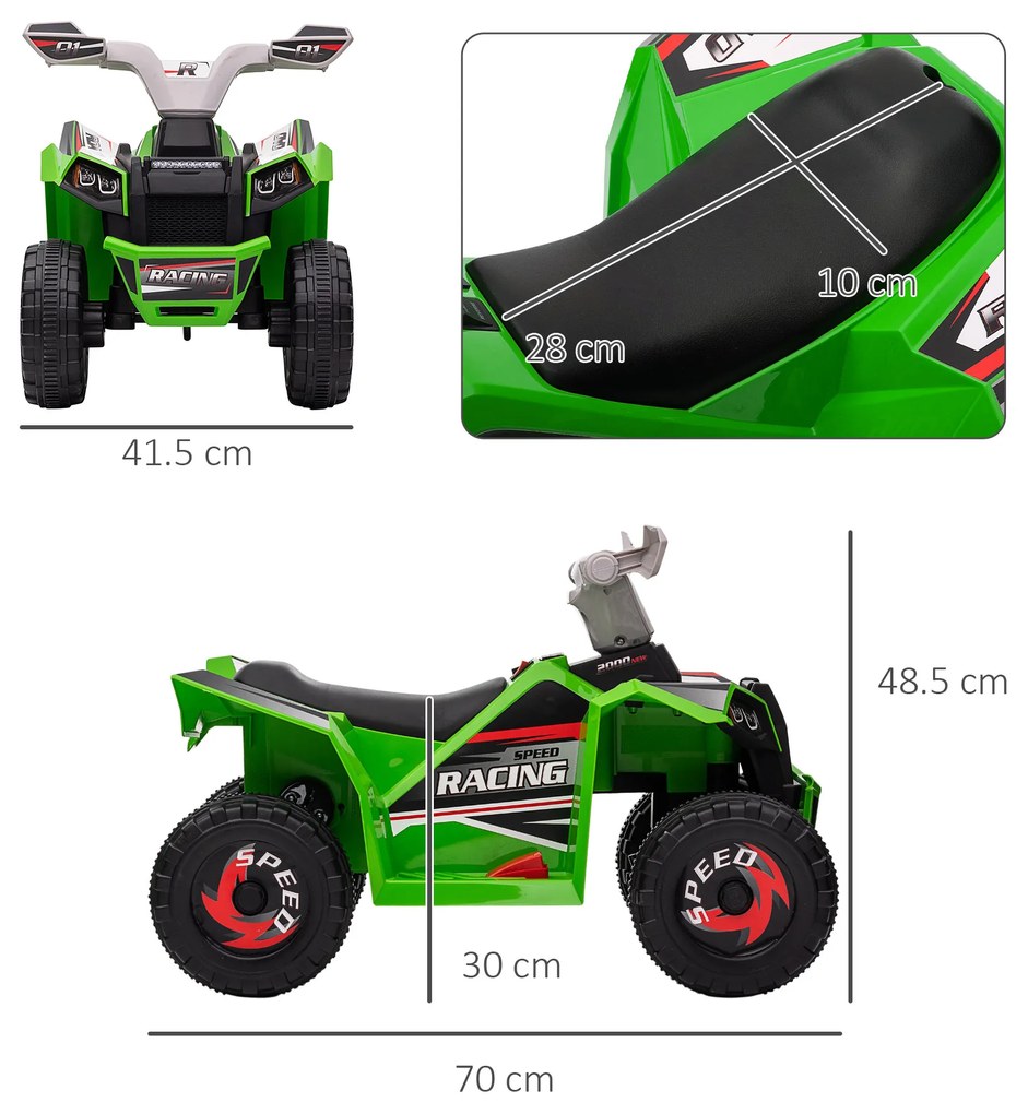 HOMCOM Quad pentru Copii 18-36 Luni din PP și Metal cu Roți Rezistente, Viteză Max 2.5 km/h, Design Aventurier, Verde Gri și Negru | Aosom Romania