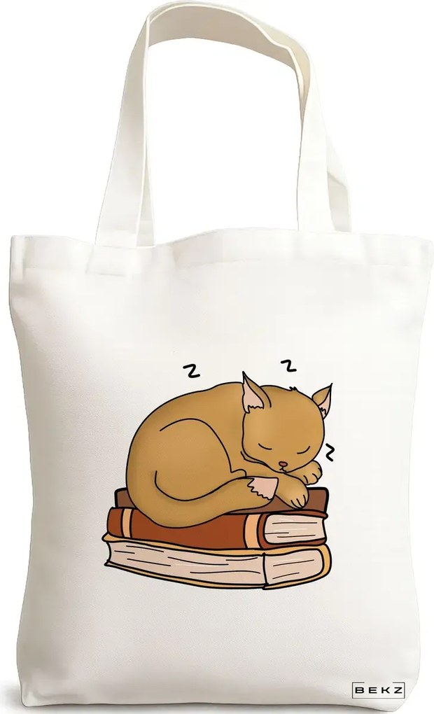 Sacosa de Panza pentru Cumparaturi, Geanta Tote, model Cat Booky Life, 38 x 34.5 cm, Alba, BEKZ®