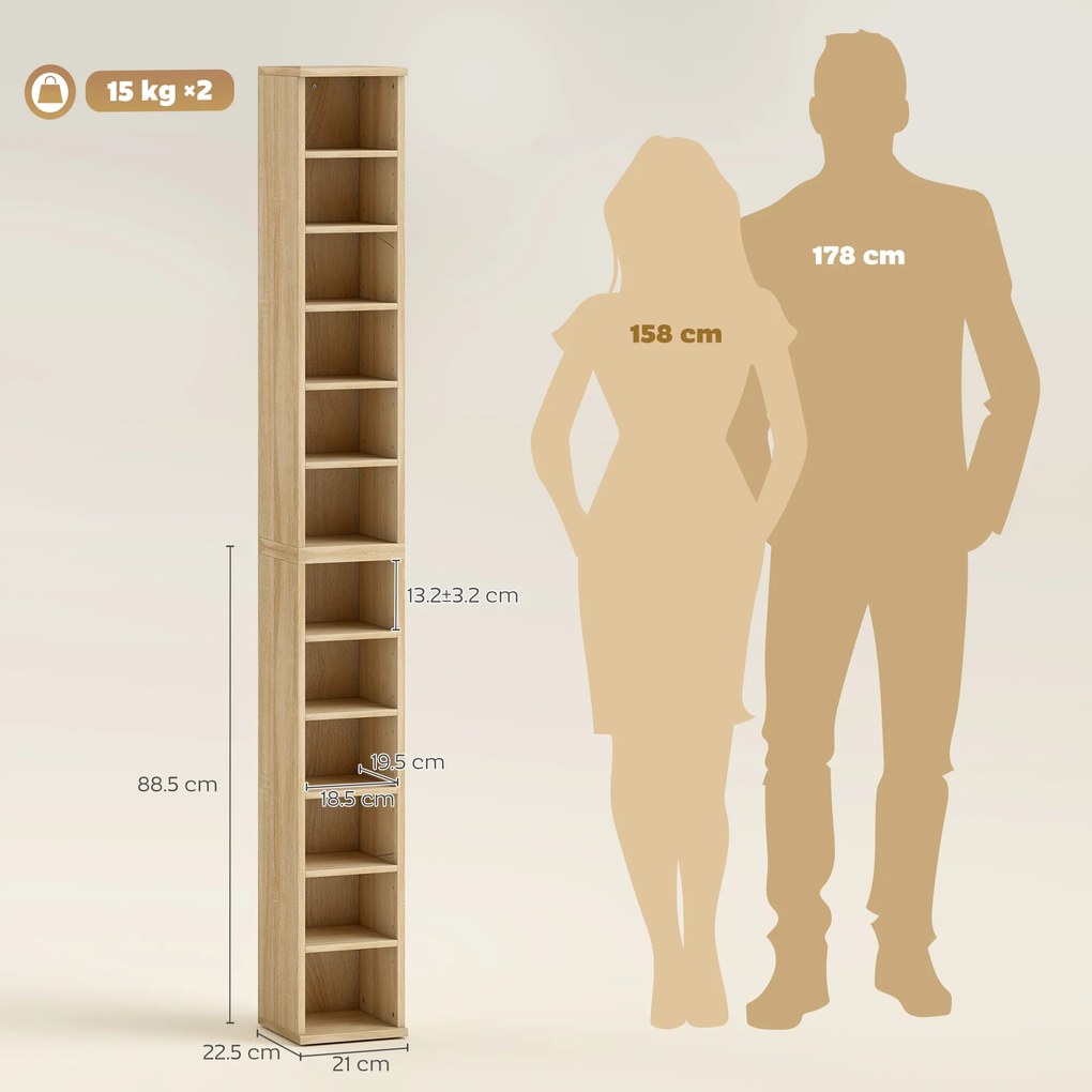 HOMCOM Set de 2 Etajere pentru CD-uri și DVD-uri cu 12 Compartimente Polițe Reglabile 21x22,5x88,5 cm Roble | Aosom Romania