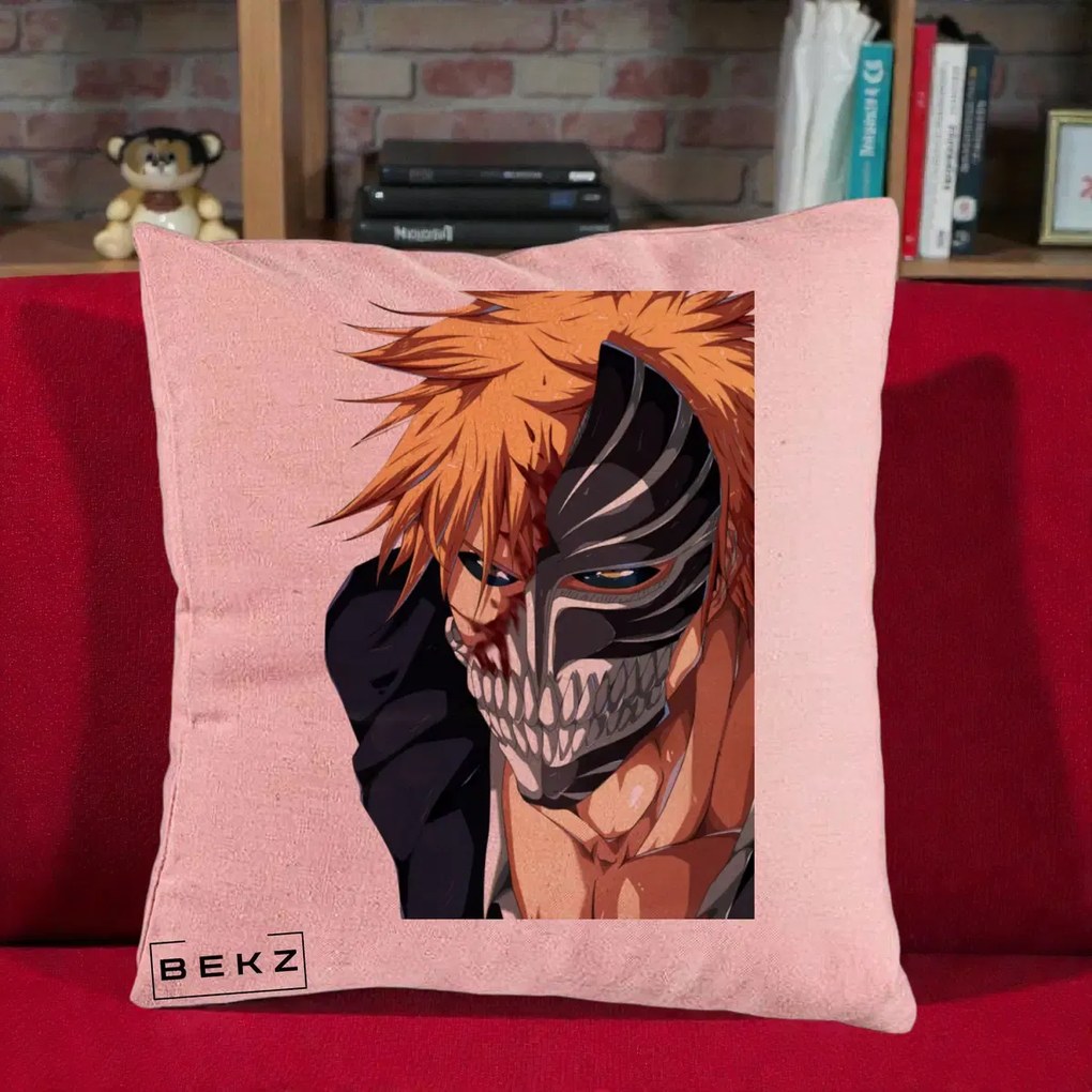 Perna Personalizata Bleach Ichigo Masca Hollow, 40x40 cm, Roz, Husa Detasabila, Perna Inclusa, BEKZ®