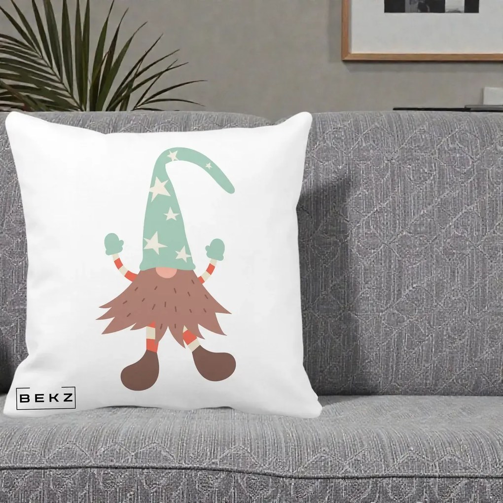 Perna Decorativa Pitic Gnom Nordic cu Cadou Menta, 40x40 cm, Alba Mata, Husa Detasabila, Perna Inclusa, BEKZ®